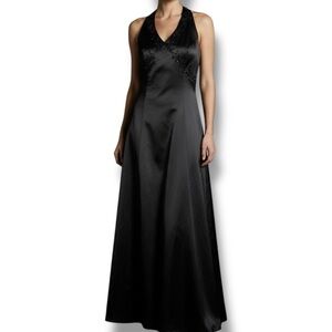 Vintage Delaru Y2K Gothic Beaded Halter Formal Dress V Neck Black Size 11/12